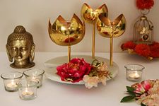 INDIAN-ARTISANS Set of 3 Marble Plate Lotus Candle Stand,Handcrafted Gold Tea Light Holders Stand for Home Décor Festival Decoration Gift, Size (9,7.5,5.5) Inches