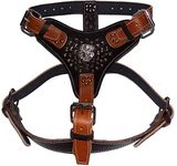 Two Tone Extra Large Heavy Duty Dark Brown with Tan Leather Dog Harness Studded Design and American Bulldog Head Motif