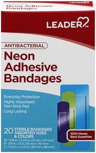 LEADER Antibacterial Neon Adhesive Bandages, Assorted Sizes and Colors, 20 Count Per Box