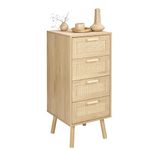 Finnhomy Rattan Chest of Drawers Bedroom, Tall Chester of Drawers with 4 Hand Made Rattan Decorated Drawers for Bedroom, Small Bedside Cabinet with Wood Legs, Natural