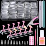 COSTICA 500pcs Clear Coffin Nail Tips Set Clear Acrylic Nail Tips with Nail Glue Clear Coffin Nails Tip Full Cover with Nail Display Stand, Cuticle Nail Pusher Remover, Nail Clipper Nail Files Buffer.