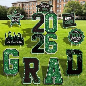 Graduation Yard Signs Class of 2026 Decorations, 11pcs Green and Black Congrats Grad 2026 Lawn Yard Sign with Stakes, 2026 Sign for High School College Indoor Outdoor Graduation Party Decor Supplies