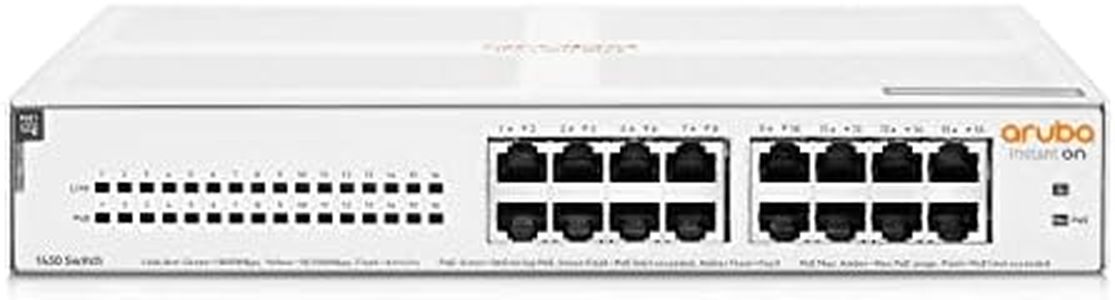 HPE Networking Instant On Switch Series 1430 16-Port Gb Unmanaged Layer 2 Ethernet Switch with PoE | 16x 1G | 16x CL4 PoE (124W) | Fan-Less | US Cord (R8R48A#ABA)