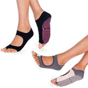 Tucketts Allegro Socks Toeless Yoga Socks with Grips for Women Toeless Socks For Women, Pilates Grip Socks Pilates Socks Women, L/XL, 2 Pack Black/Grey-Blush