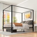 YITAHOME Metal Four Poster Canopy Bed Frame 14 Inch Platform with Built-in Headboard Strong Metal Slat Mattress Support, No Box Spring Needed, Black, Queen Size