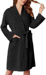 Ekouaer Women Robe Short Velour Bathrobe Knee Length Warm Plush Robe Long Sleeve Lounge Robe (Black, Large)