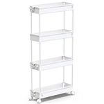 SPACEKEEPER Storage Trolley 4-Tier Slim Storage Cart Slide Out Rolling Utility Organizer Cart Mobile Shelving Unit for Kitchen Bathroom Laundry Office, Plastic, White