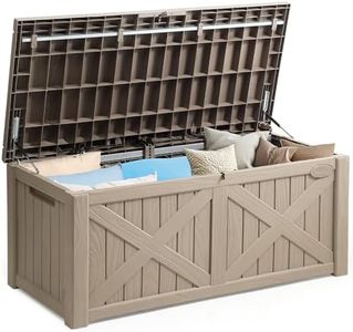 YITAHOME 120 Gallon Large Outdoor Storage Box w/Divider & Storage Net, Waterproof Resin Deck Box Cushion Storage Bench for Patio, Pool Supplies, Garden Tools - Lockable, Taupe