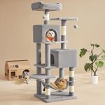 Feandrea Cat Tree Tower, 155 cm Multi-Level Cat Condo with 5 Scratching Posts, 2 Perches, 2 Caves, Hammock, 2 Pompoms, Light Gray UPCT192W01