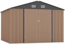 Zstar 10 x 8 FT Storage Shed Outdoor with Floor Frame, Waterproof Metal Garden Sheds with Lockable Door Design and Sloping Roof, Outdoor Shed for Garden Backyard Patio Lawn, Brown