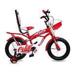 RAW BICYCLES Sports Cycle Double Back Seat with Training Wheels and Front Basket 14T BMX Single Speed Steel Frame Bicycle for Kids 3 Years to 5 Years Boys & Girls Red White