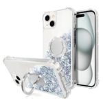 WORLDMOM for iPhone 15 Case,Bling Moving Liquid Floating Sparkle Colorful Glitter Waterfall TPU Protective Case with Rotation Ring Kickstand for iPhone 15 [6.1 inch 2023], Silver