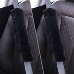 OGLAND 13.4inch Big Plush Soft Wool Sheepskin Seat Belt Covers, Fluffy SeatBelt Pads Covers for Pacemaker Adults Kids Women Universal Car Cushions,2 Pack Black