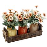 DUOER 3 Pcs Painted Mason Jar Centerpiece with Wood Tray for Table, Farmhouse Decorative, Home Kitchen Dinning Living Room Rustic Decor, Brown