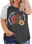 Plus Size Thankful Greatful Blessed T-Shirt for Women Thanksgiving Plaid Pumpkin Sunflower Graphic Top Tees Fall Gift Shirt, Dark Grey, X-Large