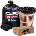 Ox Plastics Trash Can Liners Bags - 60 Gallon Capacity & 3mil Thick Extra Heavy Duty Strength - 50 Large Garbage, Leak-Proof & Durable, House & Commercial Use Bags Black