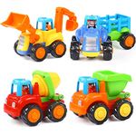 ORWINE 4Pcs Inertia Toy Early Educational Toddler Baby Toy Friction Powered Cars Push & Go Cars Tractor Bulldozer Dumper Cement Mixer Engineering Vehicles Toys For Children Boys Girls Kids Gift