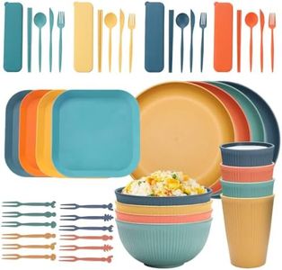 48pcs Wheat Straw Dinner Set, Colorful Lightweight Plates Bowls Cups Sets, Unbreakable Reusable Dinner Dishes, Perfect for Camping, Outdoor Barbecue, Picnic, Party, RV, Microwave & Dishwasher Safe