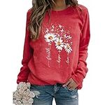 Womens Christian Faith Sweatshirt Funny Daisy Graphic Print Casual Long Sleeve Pullover Shirt Tops Blouse Red