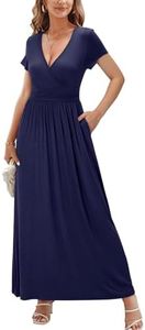 OUGES Womens Short Sleeve V-Neck Wrap Waist Maxi Dress(Navy394,L)