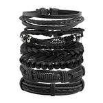 Mafnee Manfnee 6PCS Braided PU Leather Bracelet Punk Rock Cuff Wrap Bracelets for Men Women Adjustable Black, 7 9 inch, Leather