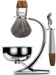 GRUTTI Premium Shaving Brush Set with Luxury Badger Brush Stand and Brush Holder for Soap Bowl and Manual Razor Compatible with Fusion5, Best Men- Blue & Wooden