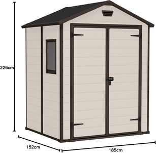 Keter Manor 6x5 ft Outdoor Garden Shed – Wood-Effect Resin, Double Doors, Beige/Brown