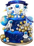 24 Pcs Astronaut Space Cake Toppers Outer Space Cake Toppers Decoration Astronaut Figurines Planet Rocket Satellite Pearl Balls and Stars Space Theme Decoration for Birthday Party Baby Shower (Blue)