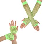 Yolev 2 Pairs Long Fingerless Fishnet Gloves Fingerless Short Fishnet Gloves Fishnet Mesh Fingerless Gloves 80s 90s Party Costume Accessories for Women and Girls (Fluorescent Green)