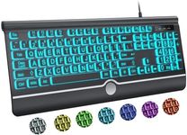 KOPJIPPOM Computer Wired Keyboard, Large Print Backlit Keyboard with Wrist Rest, 7-Colors Backlit, Plug and Play, Foldable Stands, Spill-Resistant, Corded Full Size Keyboard for Windows, PC, Laptop