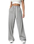 PINSPARK Women's Wide Leg Baggy Pants Loose High-Waisted Sweat Pants Fashion Lounging Athletic Sweatpants with Side Pockets Heather Light Grey S