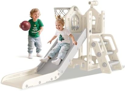 BIERUM 6 in 1 Toddler Slide - L-Shaped Baby Slide for Toddlers Aged 1-3 with Basketball Hoop, Telescope Toy and Anti-Slip Pads, Indoor Outdoor Toddler Playset, White Gray