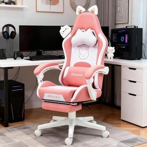 Dowinx Gaming Chair Cute with Cat Ears and Massage Lumbar Support, Ergonomic Computer Chair for Girl with Footrest and Headrest, Comfortable Reclining Game Chair 290lbs for Adult, Teen, Pink Cat