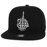 Trendy Apparel Shop Skeleton Middle Finger Embroidered Flatbill Snapback Cap, Black, One Size