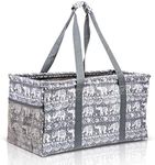 Lucazzi Extra Large Utility Tote Bag - Oversized Collapsible Reusable Wire Frame Rectangular Canvas Basket With Two Exterior Pockets For Beach, Pool, Laundry, Car Trunk, Storage - Gray Elephant