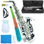 Saxophone Full Set Brass E Flat Alto Sax for Music Beginners and Professionals with Carving, Mouthpiece, Carrying Case, Gloves, Cleaning Cloth Bar, Detachable Strap, Reed, Lacquered (Silver)