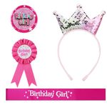 4PCS Birthday Crown Set for Girls, Birthday Girl Badge, King Crown Tiara Ribbon Medal, Personalised Birthday Girls Sash, Birthday Party Dress Up Set for Her, Kids, Adults, Children 6th 12th 18th 21st