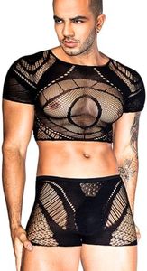 ShawGobow Mesh Crop Tops For Men,Short Sleeve Hollow Out Sheer Fishnet Sexy Top And Shorts Set,2 Piece Rave Outfits Date Night Club Exotic Dancewear Black One Size Fits All