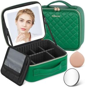 Aiborke Travel Makeup Bag with Led Mirror Makeup Case with Lighted Mirror Cosmetic Organizer bag with Adjustable Dividers and 5X Magnifying Mirror Gift for Women (Green)