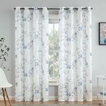 Beauoop Floral linen Semi Sheer Curtains 84 Inches Long 2 Panels for Living Room Bedroom Blue Grey Farmhouse Flower Patterned Light Filtering Textured Grommet Top Window Treatments Drapes, 50x84 2 Set