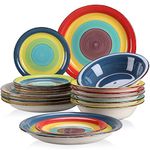 vancasso Stoneware Dinnerware Set for 6 Arco 18 Pieces Stoneware Combination Set with Dinner Plate, Dessert Plate and Soup Bowl, Handpainted Spiral and Alternately Colourful Pattern