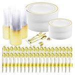 350 Piece Gold Dinnerware Party Set - 50 Guest - Disposable Gold Dinnerware Set - 100 Gold Rim Plastic Plates - 50 Pre-Rolled Linen Feel Napkins with Spoons, Forks, Knives - 50 Gold 10 OZ Plastic Cups