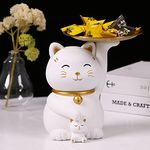 FIALAME Key Bowl for Entryway Table, Fortune Cat Statue Candy Dish for Office Desk Art Home Decor (C - White)