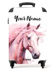 NoBoringSuitcases.com® Children's Luggage Kids Suitcase - Personalised Hand Luggage on Wheels - Cabin Suitcase - Pink Horse Watercolour - 55x40x20cm - Lightweight Hard Shell Trolley - 20" - 10kg