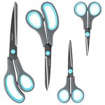 Asdirne Teflon Coating Scissors Set of 4, Non-Stick Scissors All Purpose, Premium Stainless Steel Razor Blades, Ergonomic Semi-Soft Rubber Grip, 10"/8.5"/6"/5", Blue&Gray