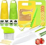 15 PCS Montessori Kitchen Tools for Toddlers Kids Cooking Sets, Apron, Serrated Toddler Knife, Crinkle Cutter, Sandwich Cutter, Wooden Fruit Knife, Y Peeler, Cutting Board for Cooking Kid Safe Knive