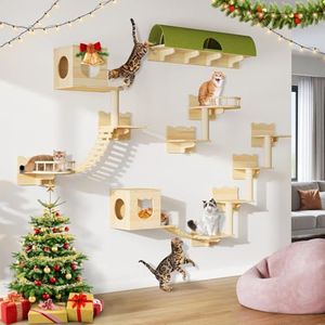 DWVO Cat Wall Shelves and Perches for Wall, Pine Wooden Wall Mounted Cat Furniture, Set of 18 Cat Climbing Shelves with Cat Bed, Wall House, Wall Steps, Bridge Ladder, Scratching Post and Cat Tunnel