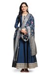 TRENDMALLS Women's Vichitra Silk Anarkali Suit Set with Jacquard Dupatta, Teal Blue, Small