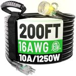 POWGRN 200FT 16 Gauge Black Outdoor Extension Cord Waterproof, 3 Prong Flexible Cold Weatherproof -58℉ Heavy Duty Extension Cord, 10 AMP 1250W SJTW, ETL Listed