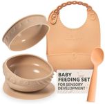 Miniware Sensory Starter Set with Silicone Bowl, Spoon, and Roll & Lock Bib - Promotes Self-Feeding, Sensory Development, Easy to Clean, Travel-Friendly for Babies and Toddlers - Almond Butter